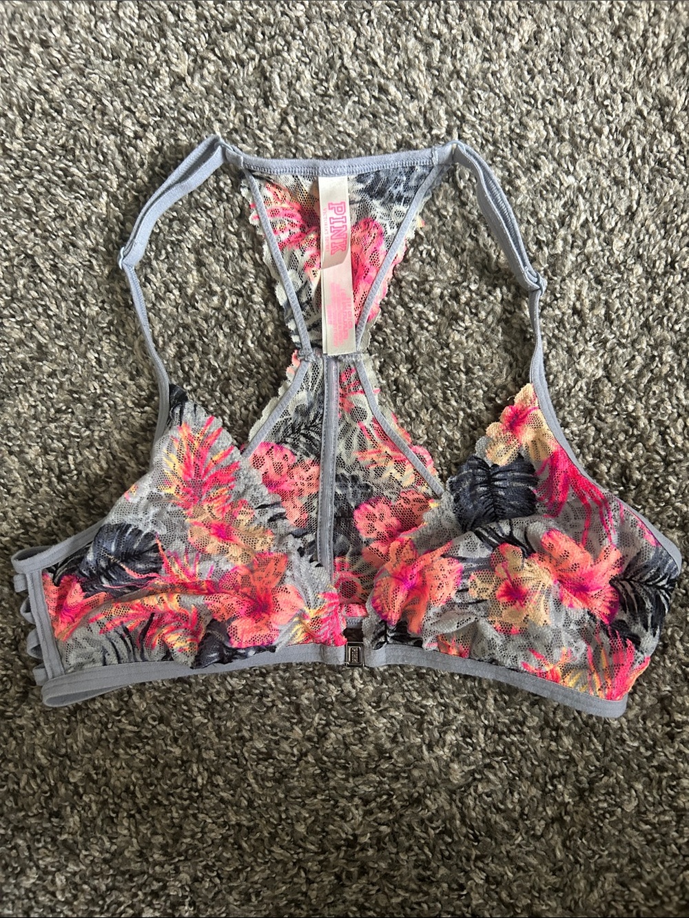 PINK Victoria's Secret Floral Lace Racerback Bralette in Gray and Neon Pink